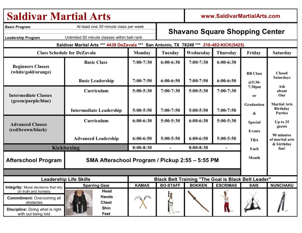 Shavano Schedule Saldivar Martial Arts Karate